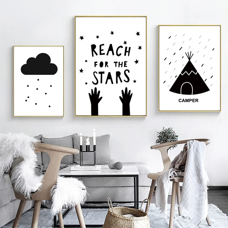 

Black And White Children's Cartoon Art Print Reach For The Stars Canvas Painting Poster Family Room Decoration