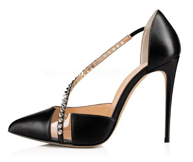 Women Rivets Stiletto Heel Pumps Shoes Fashion Pointed Toe Black White Leather PVC Patchwork Single Shoes Lady Large Size Shoes image 2
