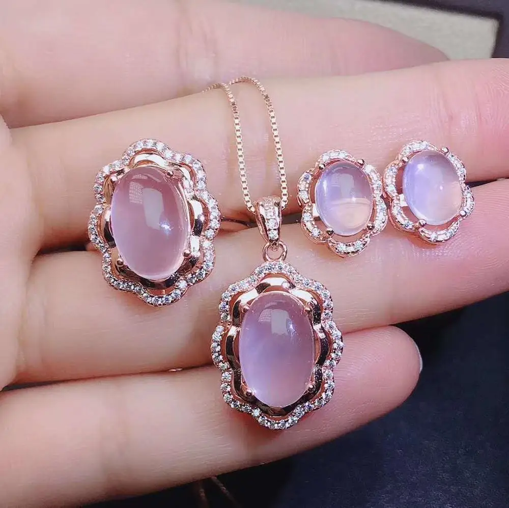 Real Natural Rose Quartz jewelry set Natural Real Rose Quartz 925 sterling silver 1pc pendant,1pc ring,2pcs Earring