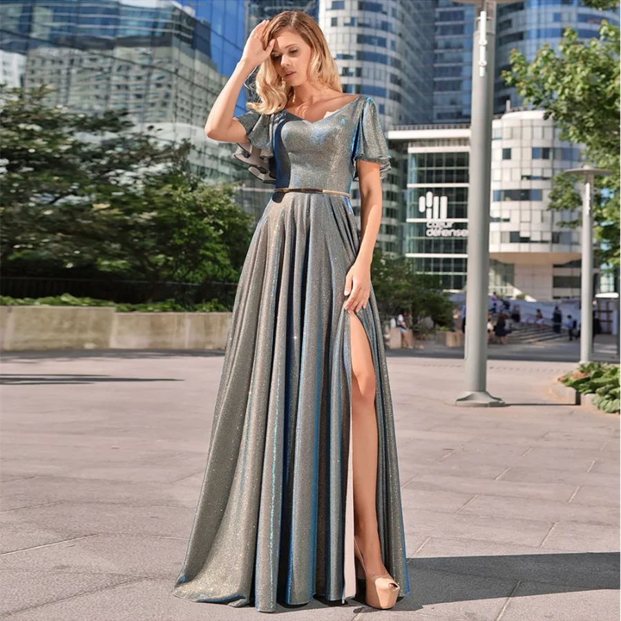 Sexy Ladies Open Back Side Slit Bodenlangen Kurzarm Liebsten Schärpen Taste Abendkleider robe de soirée femme vestidos