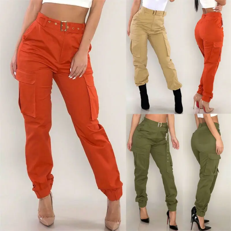 S-2XL Plus Size Pants Women Casual High Waist Cargo Pants Women Loose Green Red Khaki Trousers Pockets Elastic Waist Trousers