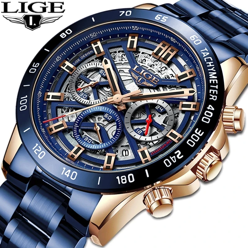 LIGE Chronograph Fashion Casual Men Watches Top Brand Big Dial Stainless Steel Calendar Quartz Wristwatch Man Classic Male Clock