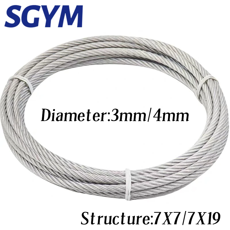 25M 304 Stainless Steel Wire Rope Soft Fishing Lifting Cable 7*7/7*19 Clothesline 3mm 4mm Diameter