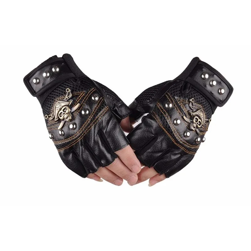 

Skull Gloves Leather Skeleton Motorcycle Cross Racing Gloves Half Fingers Pirate Skull Rivet Punk Bicycle Cycling Gloves