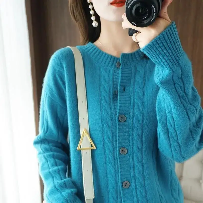 Autumn Winter New Imitation Wool Cardigan Tops Women Diamond Single-Breasted Hoodie Outwear Loose Knit Sweater Coat Retro Jacket