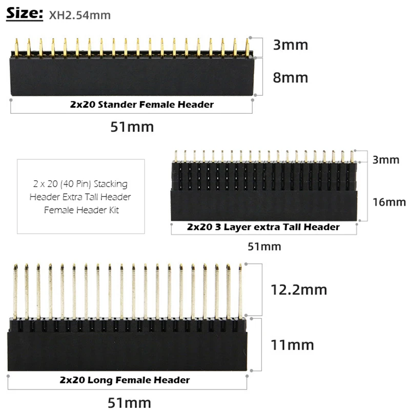 Picture 3: 3in1 2 x 20 (40 Pin) Stacking Header Extra Tall Header Female Header Kit for Raspberry Pi 4 Model B, 3B, 2B, For JETSON NANO/NX