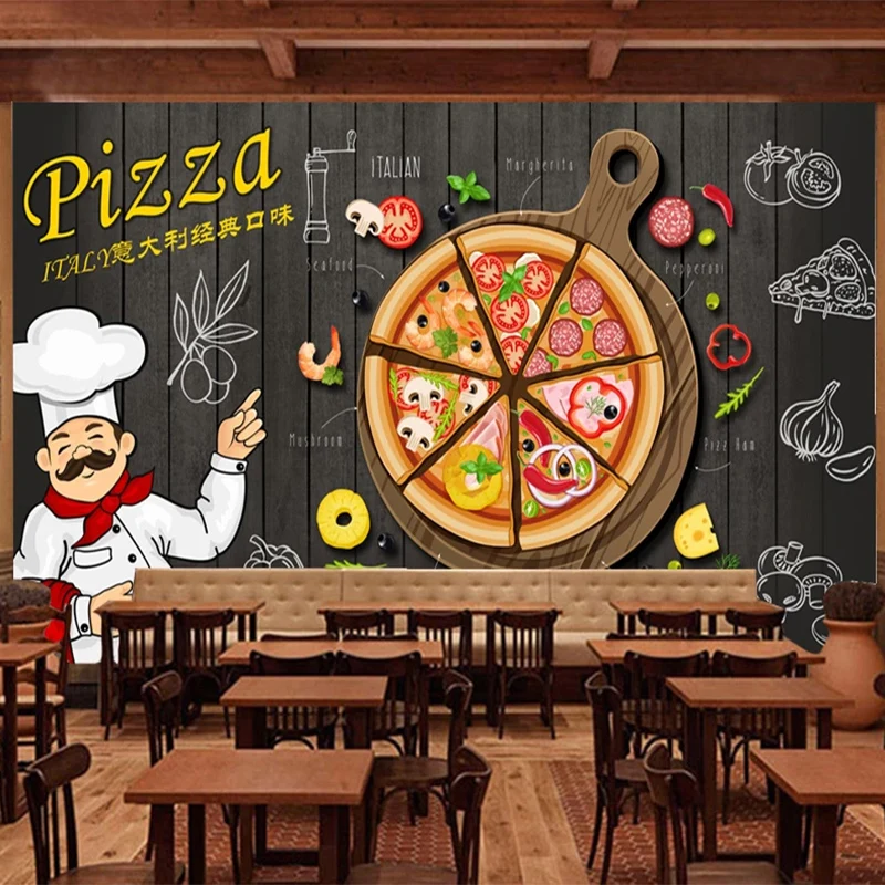 Custom Any Size Mural Wallpaper Vintage Black Wooden Board Pizza Wallpaper Restaurant Cafe Snack Bar Background Wall Painting 3D