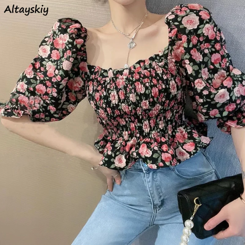 Blouses Women Floral Ruffles Retro Bodycon Elegant Sweet Harajuku Crop Top Chiffon Soft Summer Ins Hot Sale Holiday Female Sexy