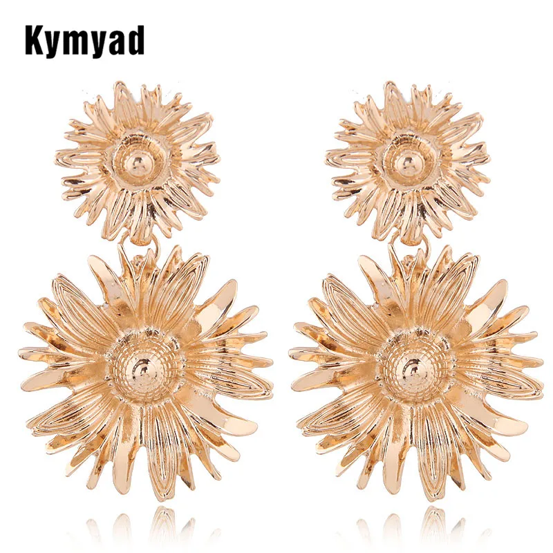 Kymyad Brincos Metal Sunflower Drop Earrings For Women Gold Silver Color Earings Fashion Jewelry Statement Earrings 2019 Earring