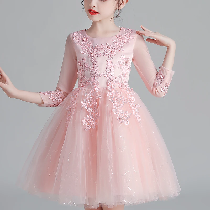 Vestido curto infantil feminino, vestido de princesa com manga tutu de malha para casamento e festas