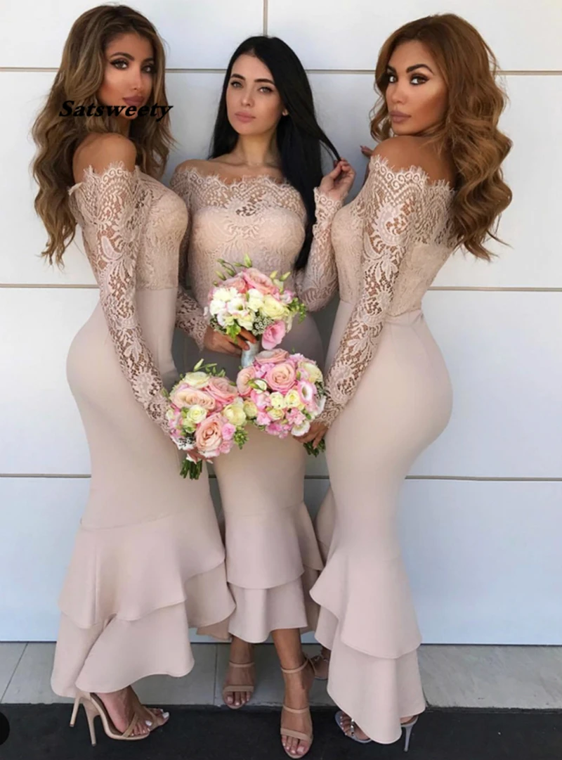 Sexy Bridesmaid Dresses Vestido De Festa De Casamento Mermaid Pink Off The Shoulder Long Sleeve Satin Lace Bridesmaid Dress