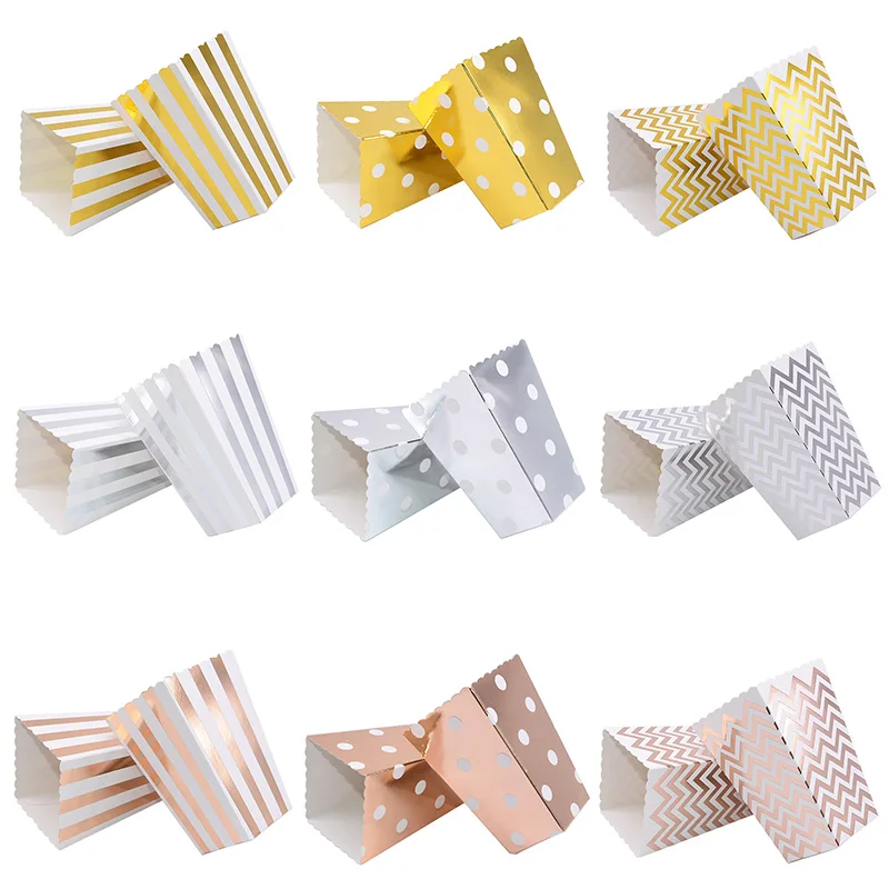 6/12pcs Party Paper Popcorn Boxes Rose gold Pop Corn Candy/ Sanck Favor Bag Xmas Wedding Kid Birthday Party Decoration