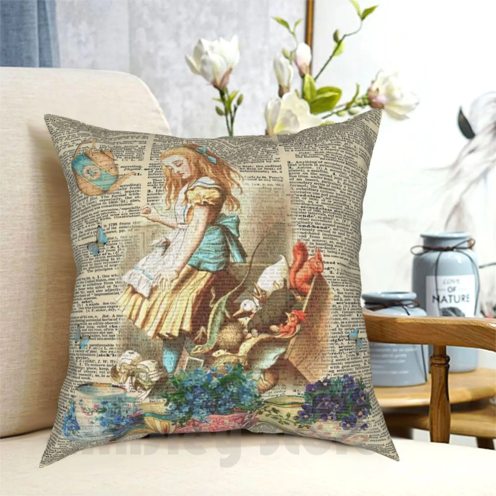 

Vintage Alice In On A Dictionary Page Pillow Case Printed Home Soft DIY Pillow cover Alice In Tea Party Lewis Carroll Book