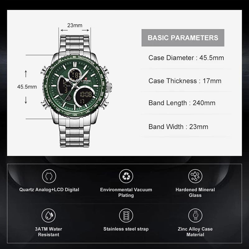 Imagem -03 - Naviforce Moda Negócios Relógios para Homens Luminoso Led Digital Duplo Tempo Cronógrafo Relógios à Prova Impermeável Água Masculino Relógio Masculino