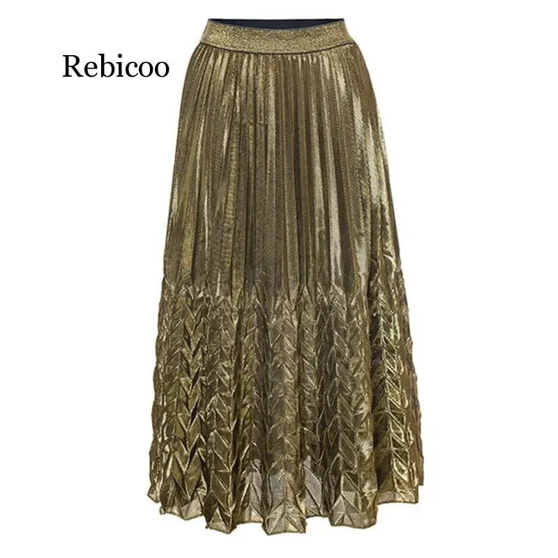 

Spring New High Quality Fashion Summer Beach Women Skirts Patchwork Casual Pleated Mid-Calf Female Skirt Empire