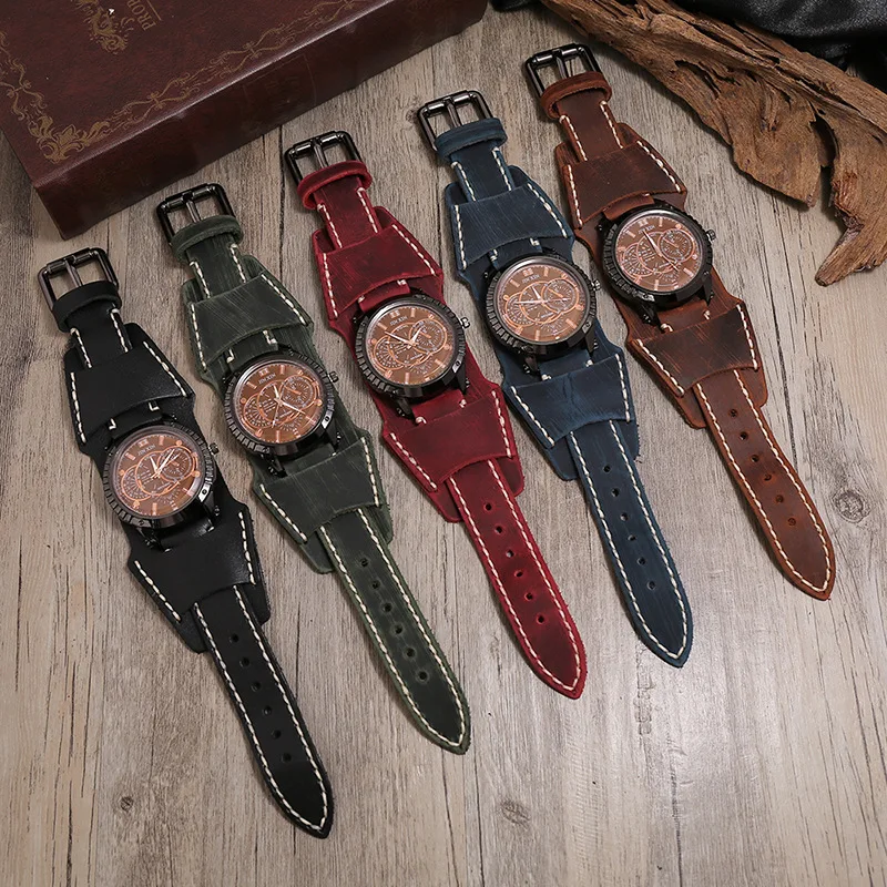 Hot Retro Wide Cow Leather Bracelet Watch Vintage Men Wrist Watches Casual Cool Punk Quartz Watches Clock Relogio reloj hombre