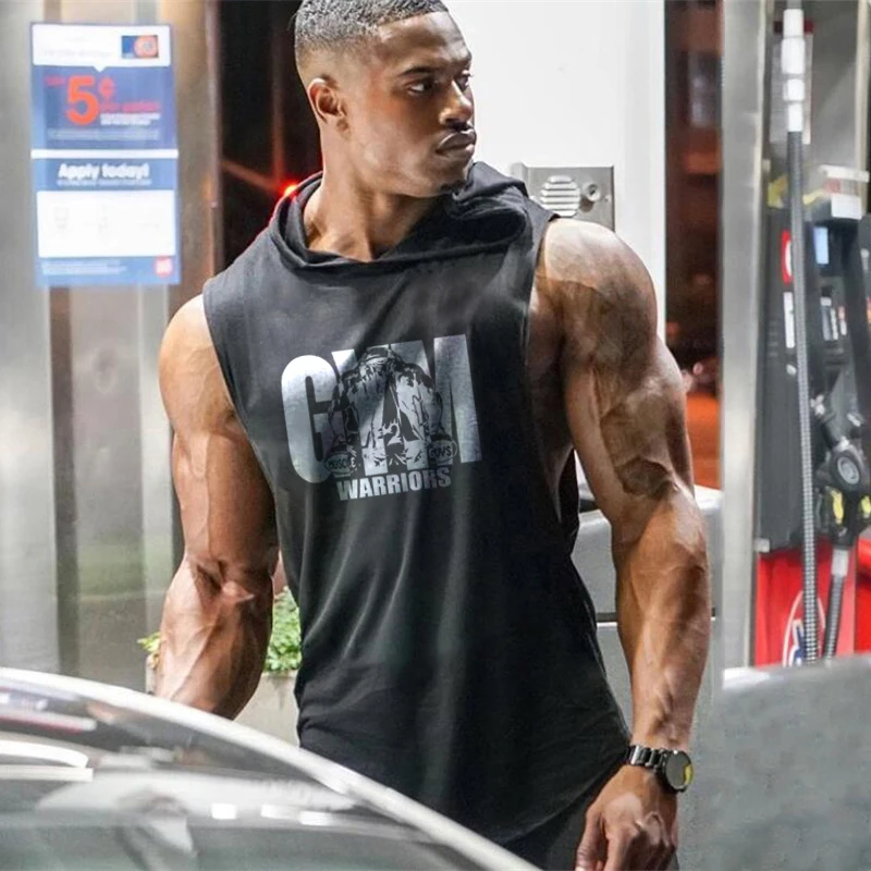 Gym Tank Top Men Fitness Hooded Clothing Mens Bodybuilding Hoody Vest Summer Sports Fashion Cotton Sleeveless T Shirts Plus Size