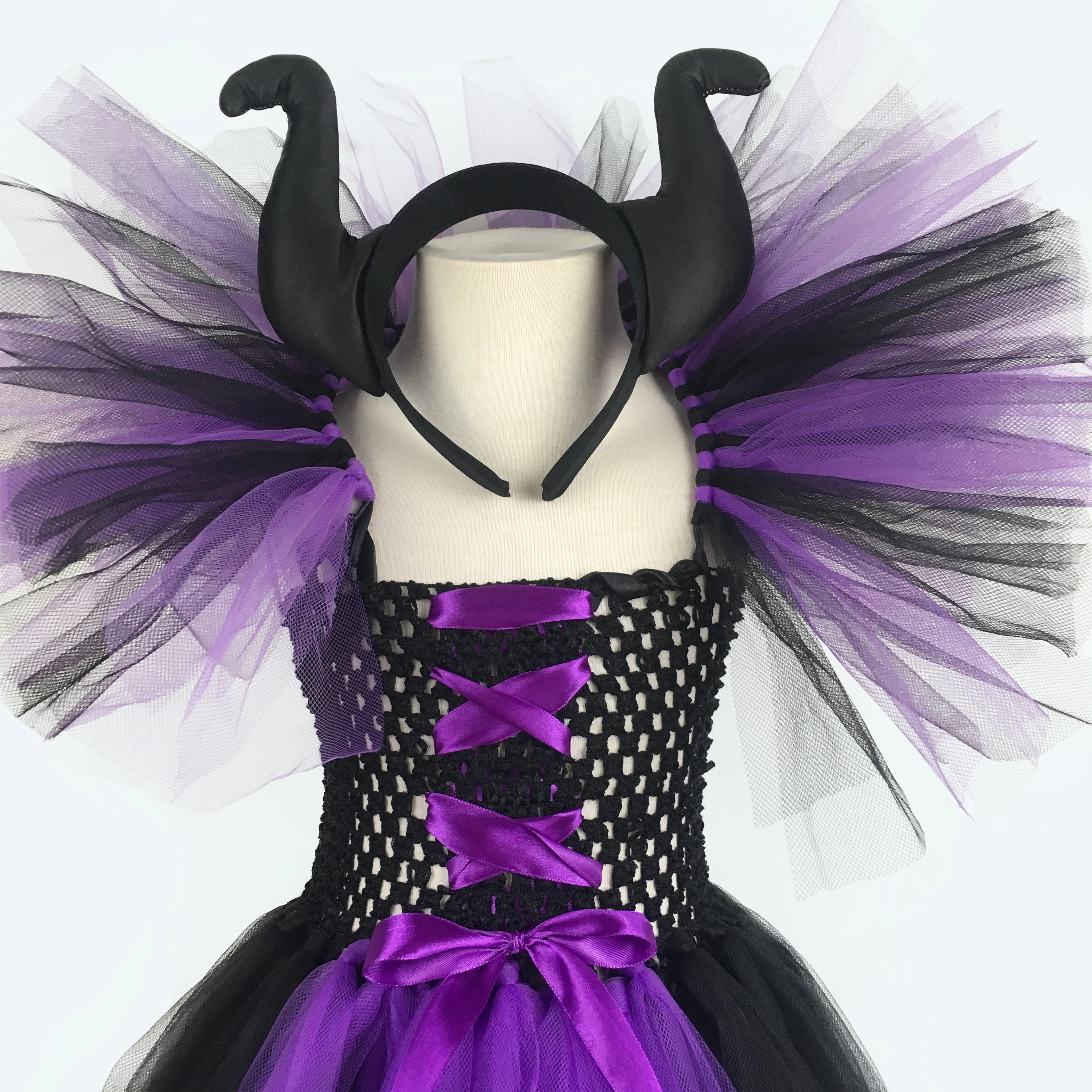 Girls Evil Queen Maleficent Witch Tutu Dress Kids Crochet Dress Ball Gown with Hairbow Children Halloween Party Costume Dresses