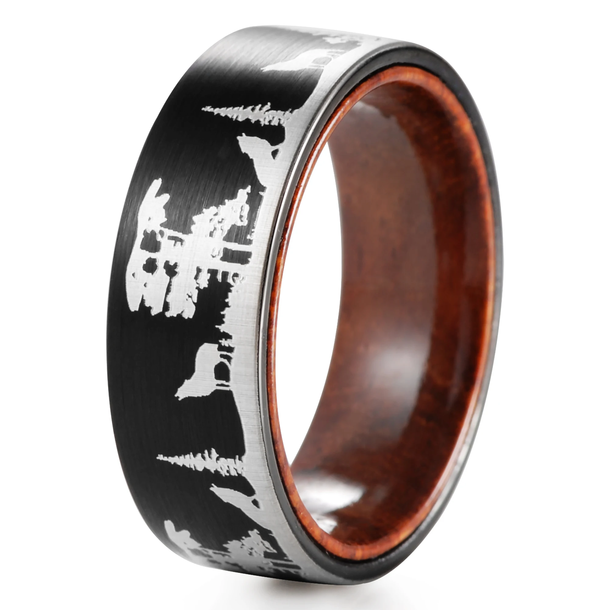 Howling Wolves Scene Tungsten Wooden Ring Mens Wedding Band Black Mens Nature Wood Hunting Ring - Black Tungsten Wedding Band