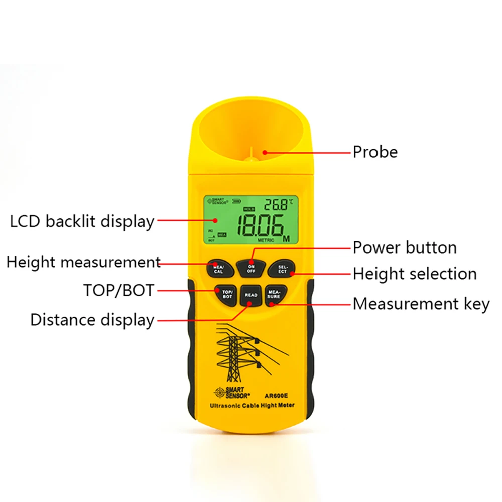 Portable LCD Ultrasonic Overhead Cable Altimeter Cable Measurement High Altitude Test Range 3 ~ 23m With Probe