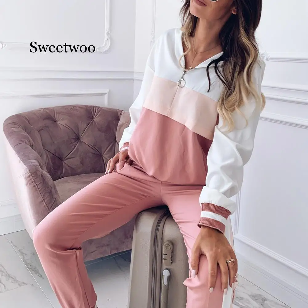 

Women Running Sets Hoodies Patchwork Sportswear Sets Female 2PC Long Sleeve Sweatshirt Pant Spring Autumn Suit Set Tracksuit