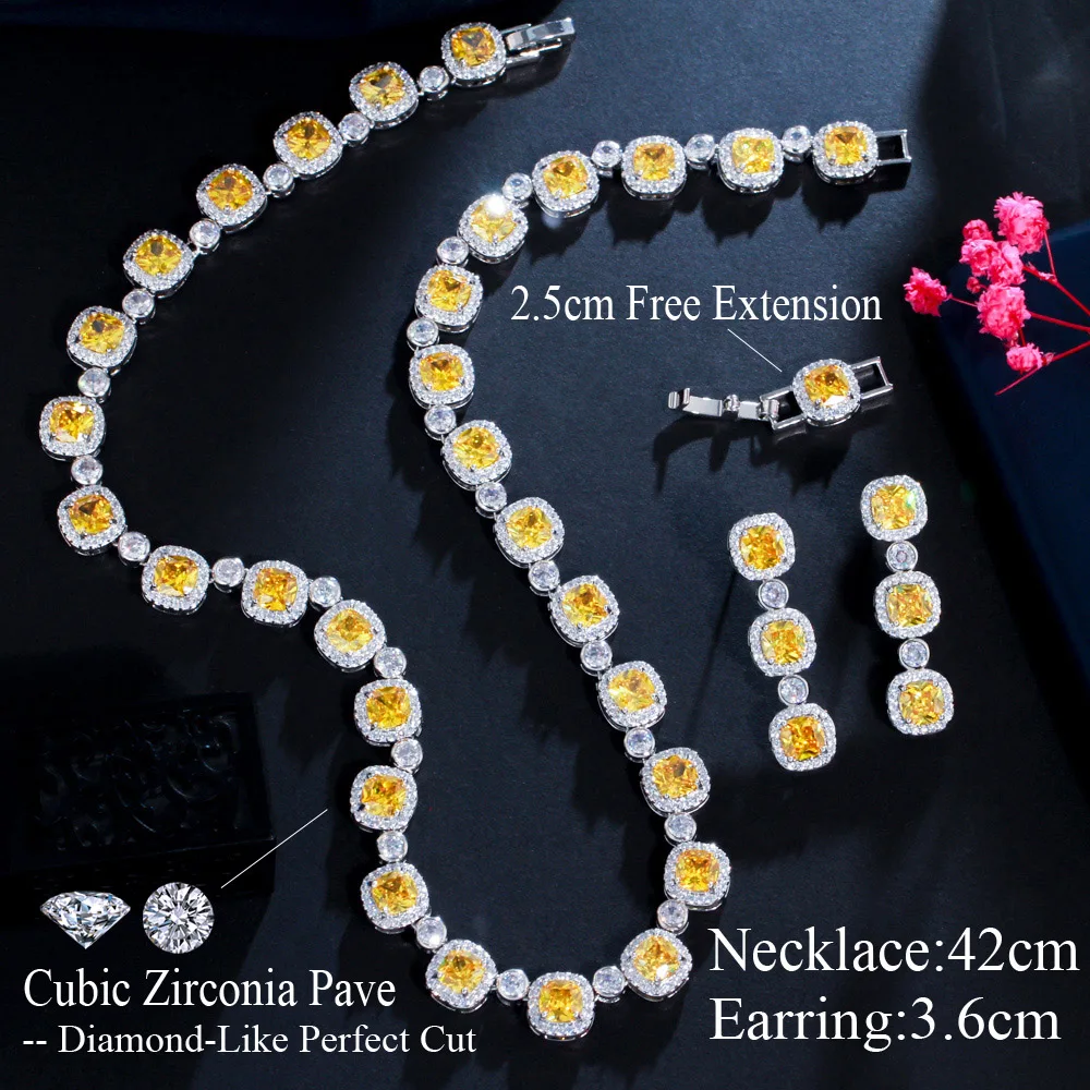 CWWZircons Super Shiny Square Yellow Cubic Zirconia Stone Bridal Necklace Jewelry Sets Luxury Wedding Banquet Accessories T590