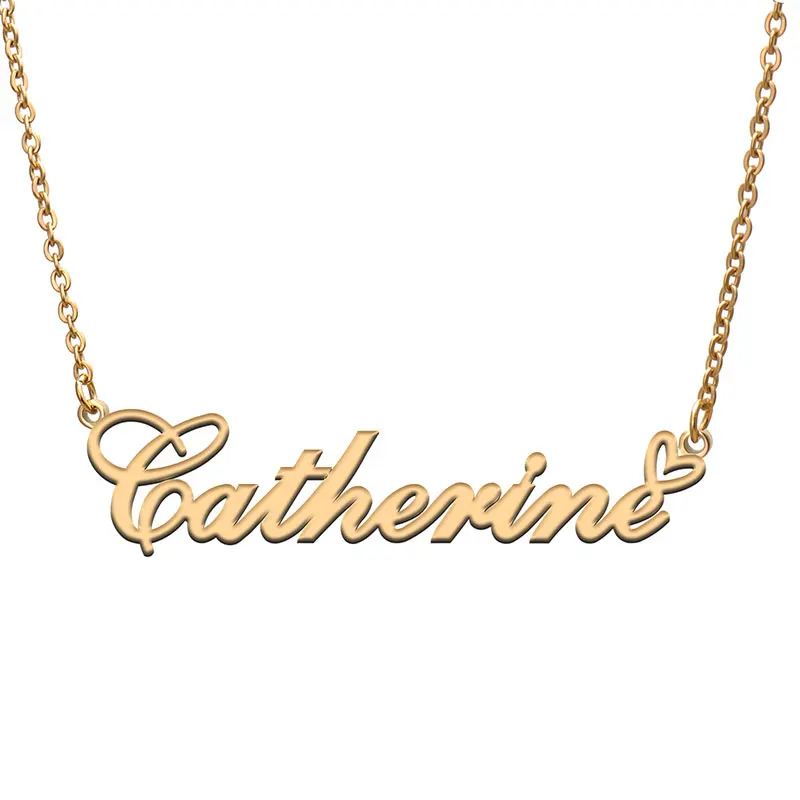 Catherine with Heart Decor Name Necklace for Women Stainless Steel Jewelry Nameplate Pendant Femme Mother Child Girls Gift