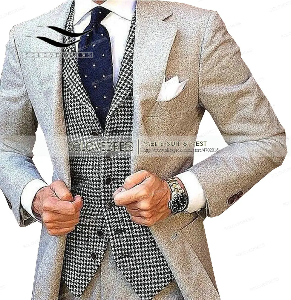 Heren pak vest revers V-hals wol wol geruit casual formeel zakelijk vest bruidsjonkers voor bruiloft groen/bruin/grijs/koffie