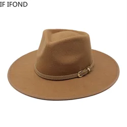 Damskie czapki khaki wielbłąd szerokie rondo filcowe kapelusze Fedoras wełniana sukienka Vintage formalny kapelusz do kościoła modne kapelusze jazzowe