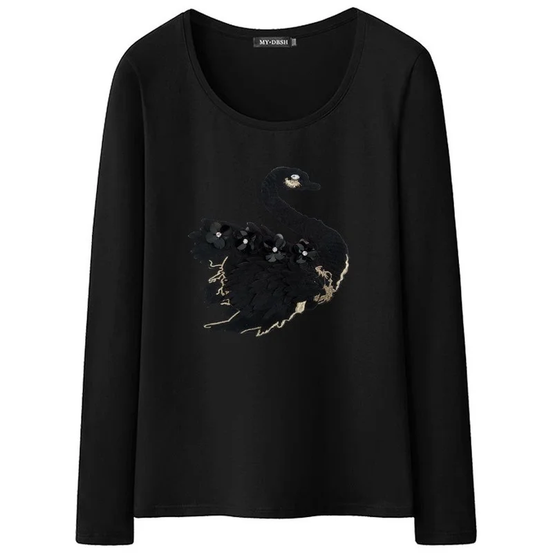 2021 Summer Women Casual Embroidered T Shirts 3D Black Swan Beading Full Sleeve Tees Feminino Woman Solid Leisure T-shirt Tops