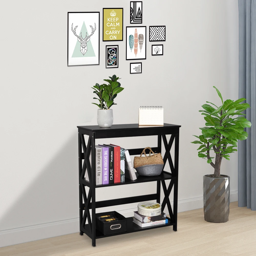 74.9x29.8x86.3CM Multi-Purpose Side Coffee Table Storage Rack Wood Shelf Modern 3-Tier Ladder Bookcase Organizer Black[US-Depot]