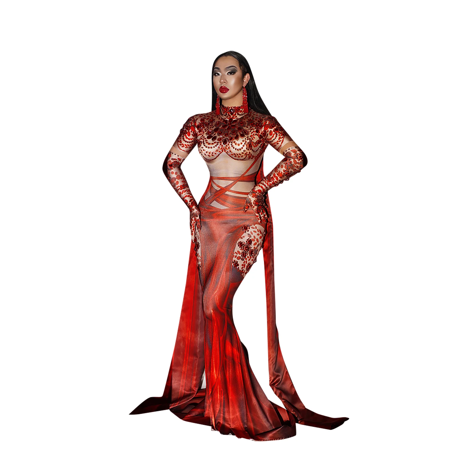 

Red Rhinestone Party Mermaid Long Dress Women Sexy Wedding Birthday Celebration Trailing Dress Singer Stage Performance Costumes