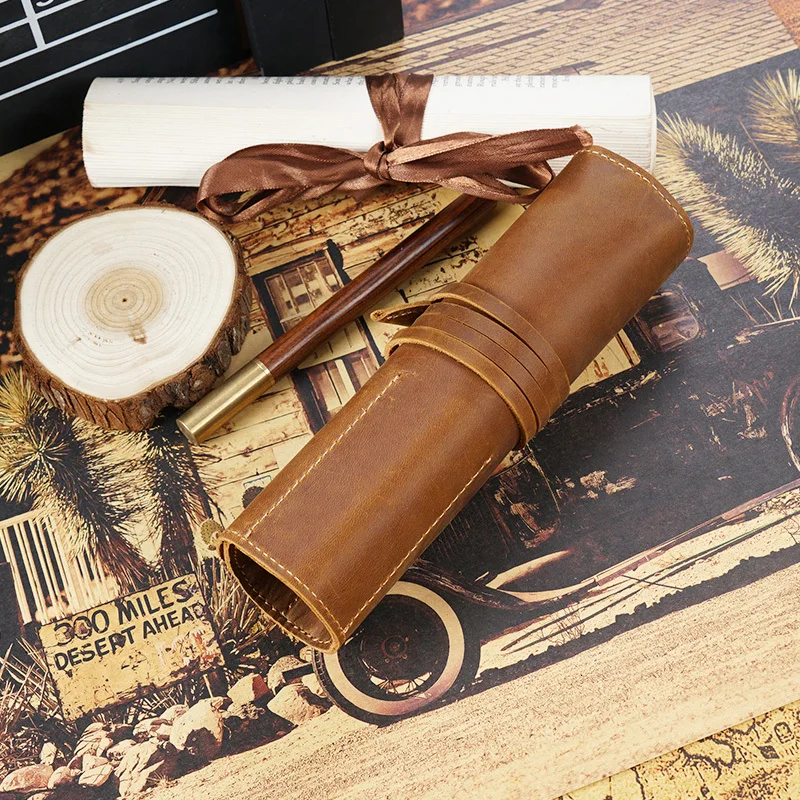 Genuine Leather Pencil Case Roller Blind Pen Cowhide Pencil Case Men And Women College Student Stationery Bag Pencil Case