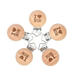 Mabochewing 10pcs 30mm 35mm Laser Patern Metal Steel Round Beech Wood Clips Baby Teethers Toys Pacifier Chain Holder Making