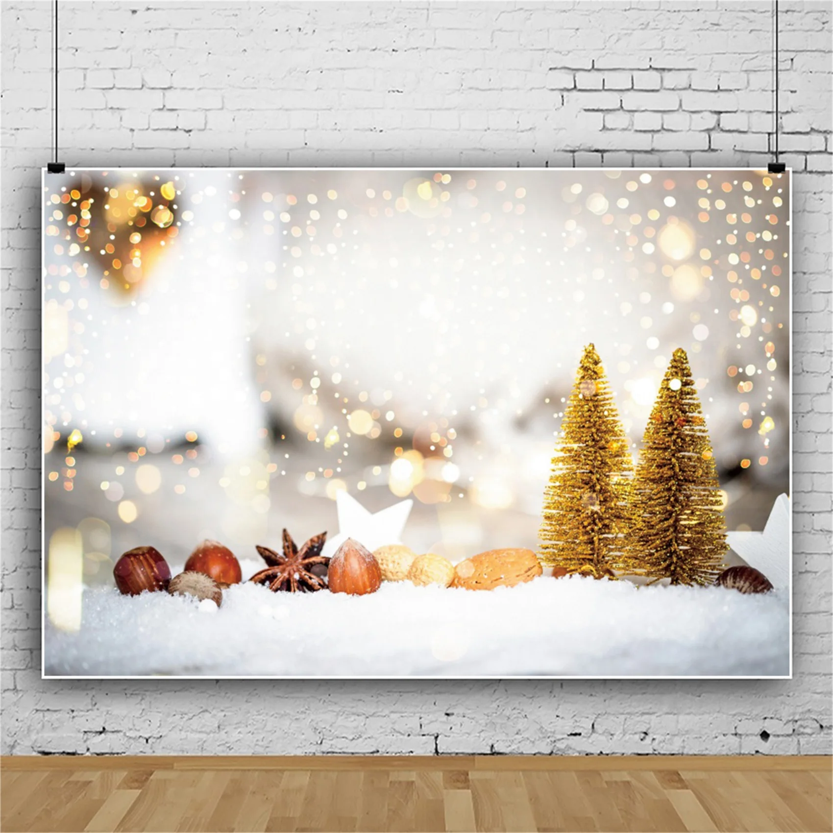 Winter Snow Christmas Tree Photo Backdrop Gold Polka Dots Pine Cones Family Baby Photography Background Light Bokeh Vinyl Poster