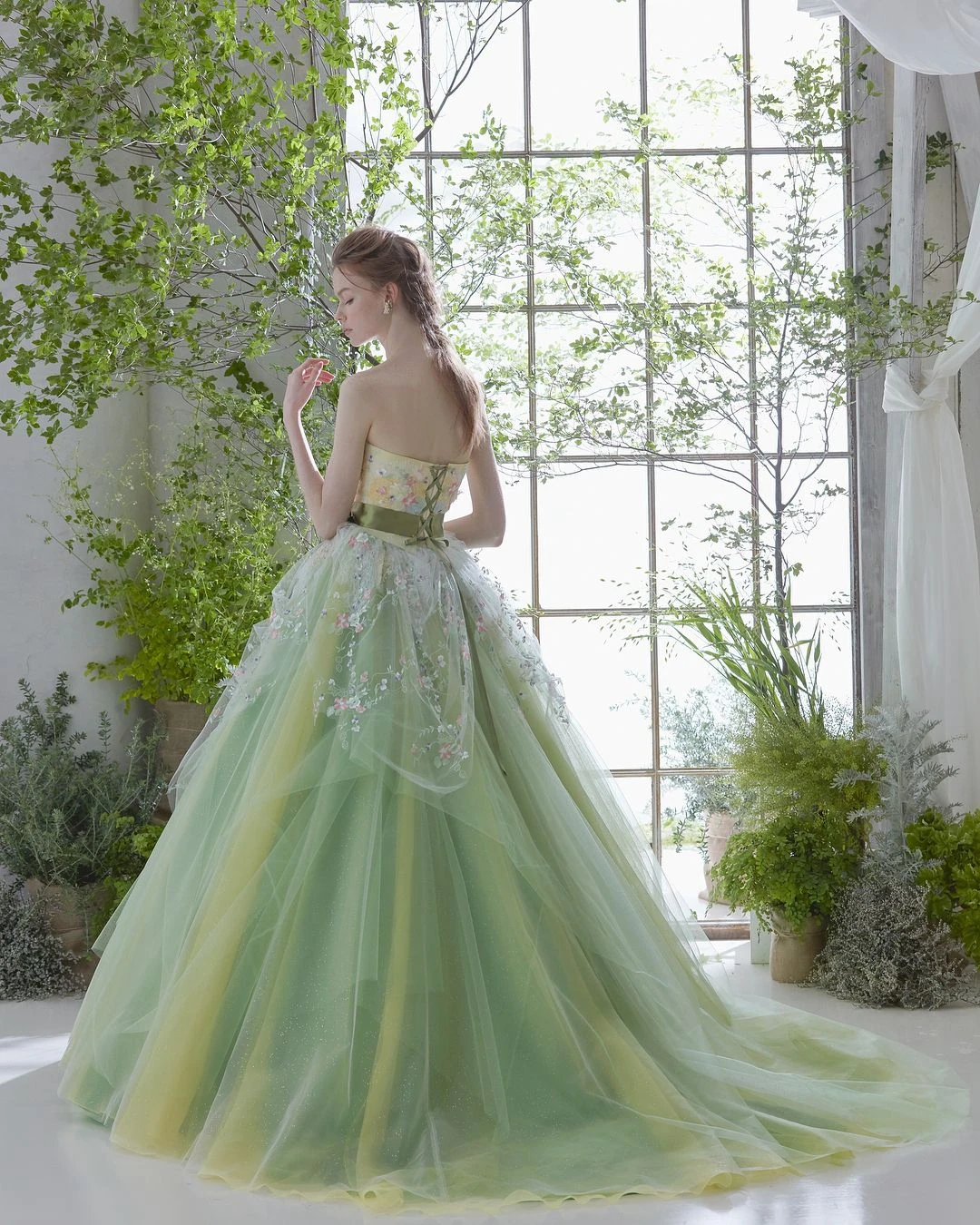 Vestido de graduación elegante sin tirantes, apliques de Color de contraste amarillo y verde, estampado Floral, encaje hasta el suelo trasero, vestido de noche