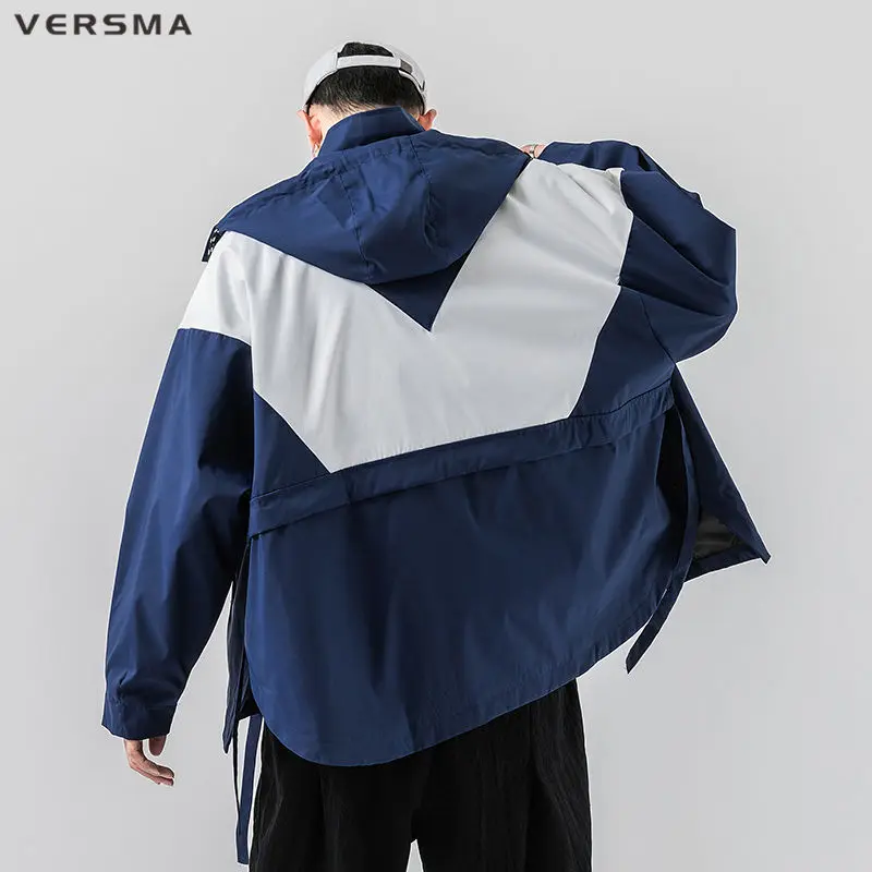 VERSMA Jaket Retro Warna Kontras Kasual Jepang Mantel Pria Hip Hop Pakaian Jalanan Remaja Longgar Tudung Penahan Angin untuk Pria Dropshipping