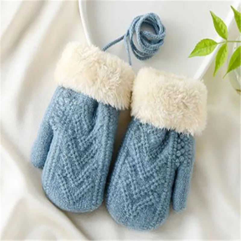 

Winter children imitation cashmere knitting warm gloves pure color double add thickening infant Children neck hung gloves ST-051