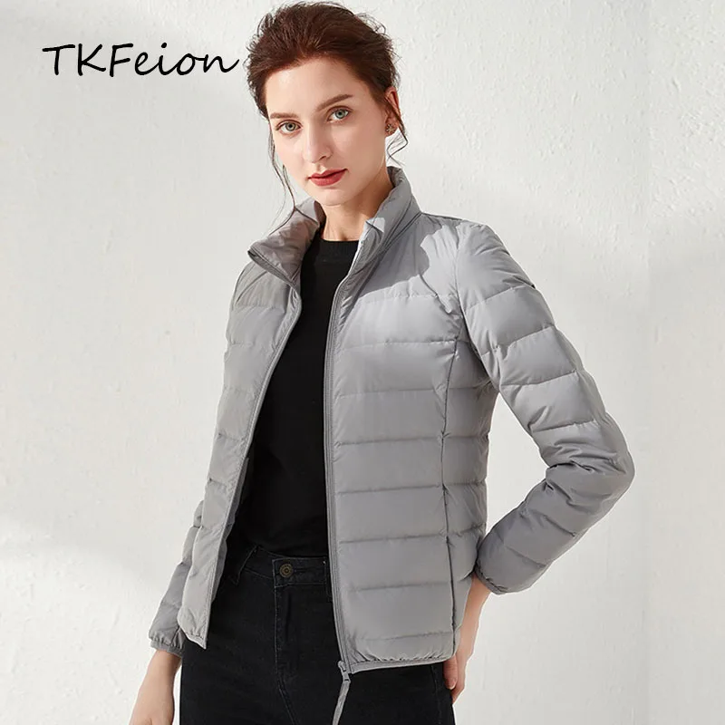 

2019 Fall Winter Women Warm Jacket Duck Down Filler Fashion Female Bomber Short Coat Slim Cropped Jacket Stand Collar Grey Black