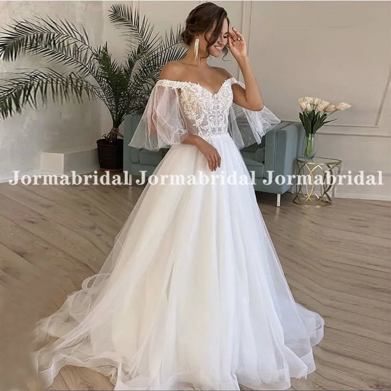 Off the Shoulder Princess White Wedding Dress Trendy Exposed Boning Appliqués Sheer Bodice Flirty Bridal Gowns vestidos de novia