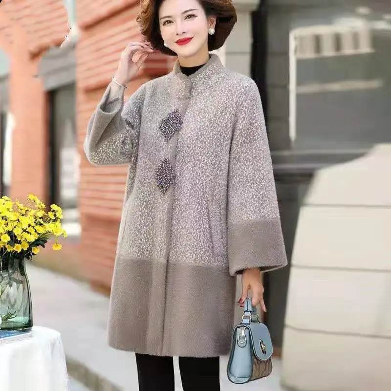 Quality Mink Fleece Jacket Autumn Winter Women\'s Cashmere Woolen Coat 5XL Thicked Warm Mother Top Elegant Wool Jacket W2344