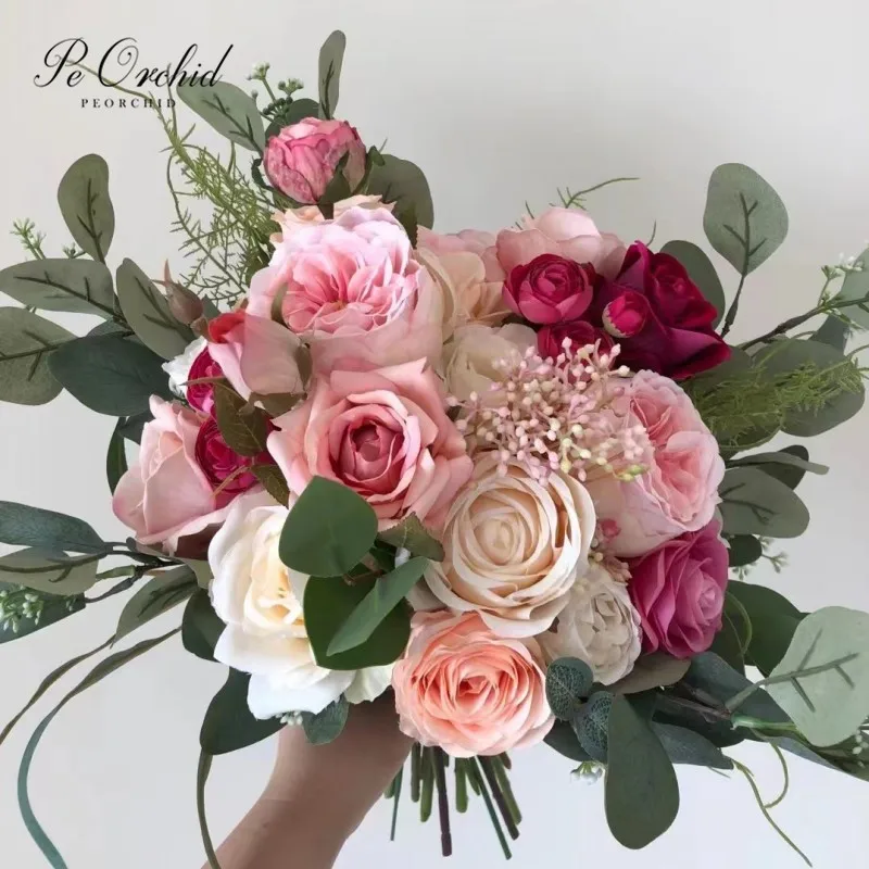 

PEORCHID Vintage Pink Peony Weeding Flowers Bouquet Artificial Eucalyptus Rose Large Bride Bouquet Decoration 2022 New