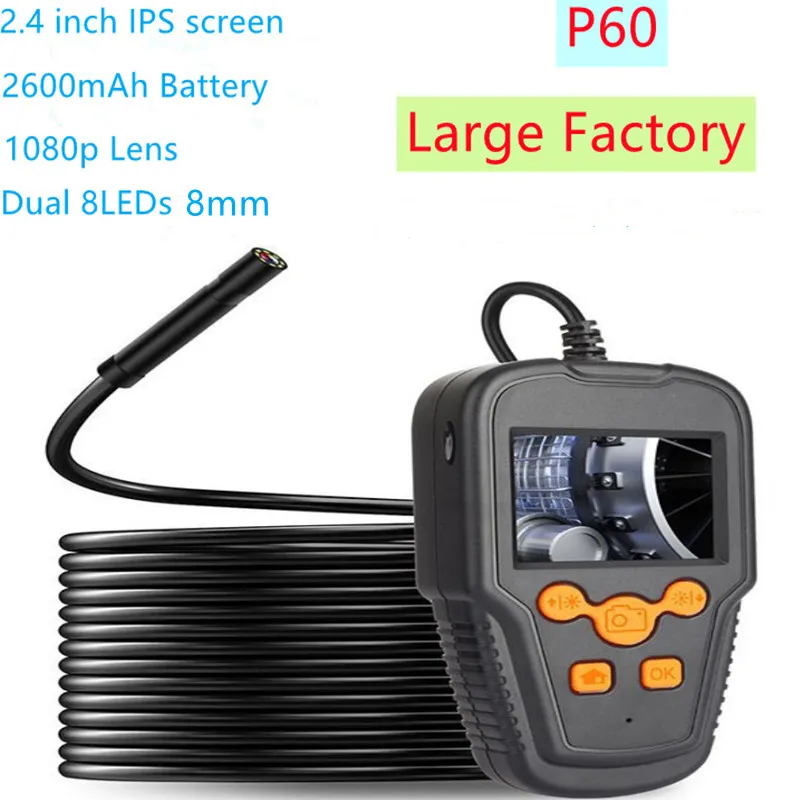 

P60 Industrial Endoscope P60B Camera 2.4'' IPS Screen HD1080P 8mm Holdheld Inspection Borescope Cable Waterproof 2600mAh