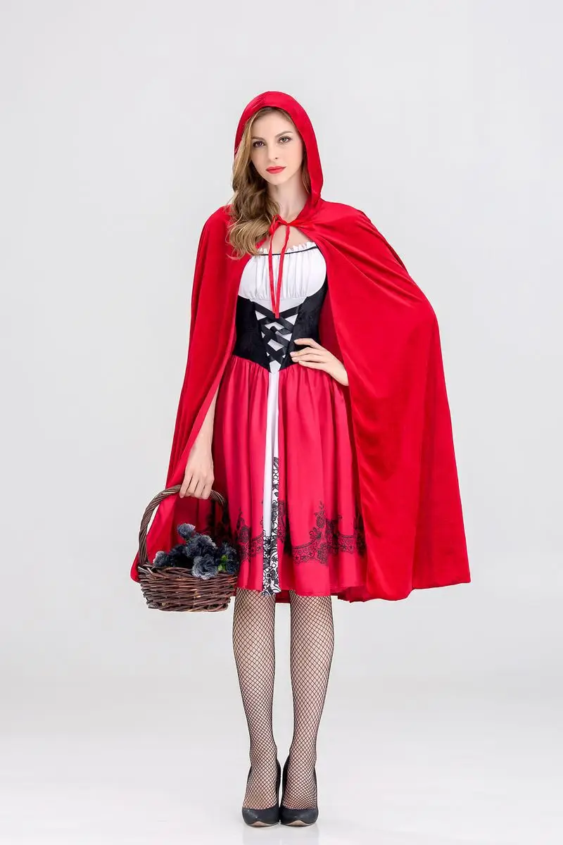 New Little Red Riding Hood Costume Halloween Cosplay Uniform Adult Role-playing Dress + Cloak Stage Performance Suit 1pc