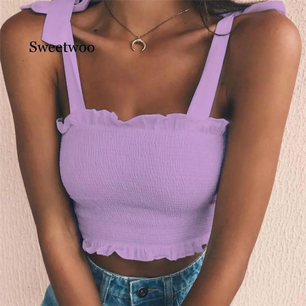 SWEETWOO New Summer Women Sexy Sleeveless Slim Ruffled Bandage Vest Solid Color Tank Crop Top
