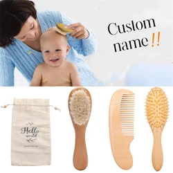 Peigne à cheveux personnalisé, manche en bois, brosse en laine naturelle douce pour bébés garçons filles, douche, brosse à cheveux en laine douce pour nouveau-né, peigne de Massage