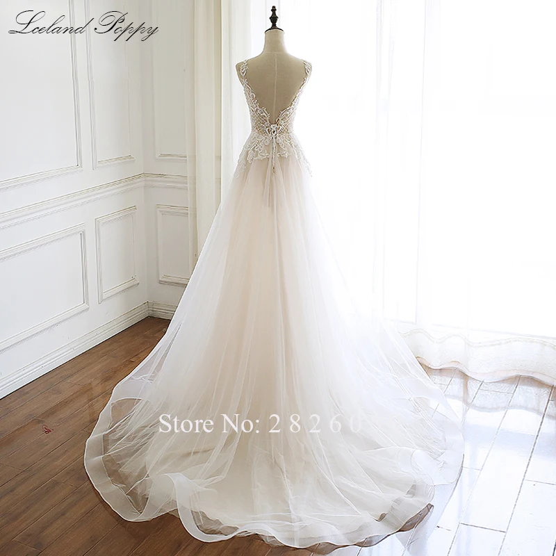 Vestido de Noiva Women's A-line V-neck Beaded Wedding Dresses Sleeveless Lace Appliques Backless Sweep Train Bridal Gowns