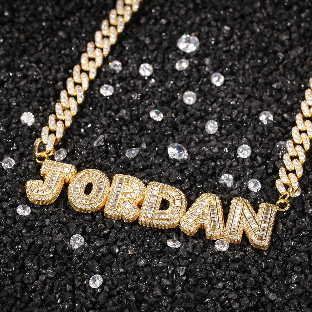 Uwin Name Necklace Baguette Letters With 9mm Iecd Out Cuban Chain Full Iced Out Zircon Pendant Gift HipHop Jewelry