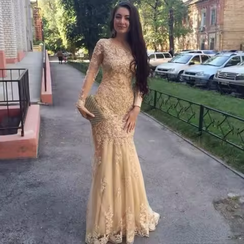 Glamorous Mermaid Evening Dresses Beads Lace Appliques Jewel Neck Prom Dress Custom Made Tulle Floor Length Evening Party Gown