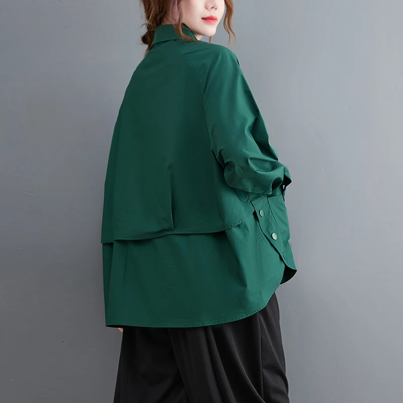 Patchwork Button Pocket Green Oversized Blouse Women New Long Sleeve Loose Casual Shirt Tops Fashion Clothes Spring Autumn 2024